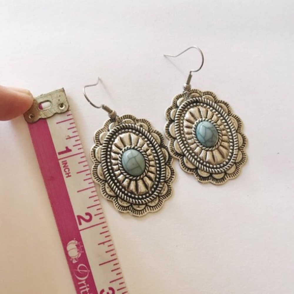 Silver + blue faux marble concho earrings - Picture 3 of 3